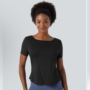 HALARA Sheer Round Neck Short Sleeve Cut Out AsymmetricYoga Sports Top